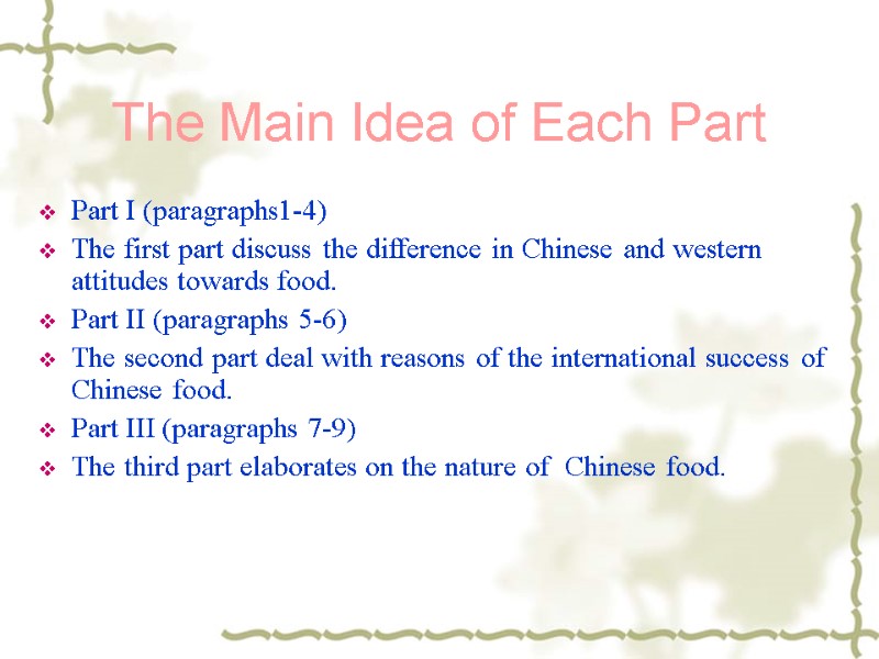 The Main Idea of Each Part Part I (paragraphs1-4) The first part discuss the